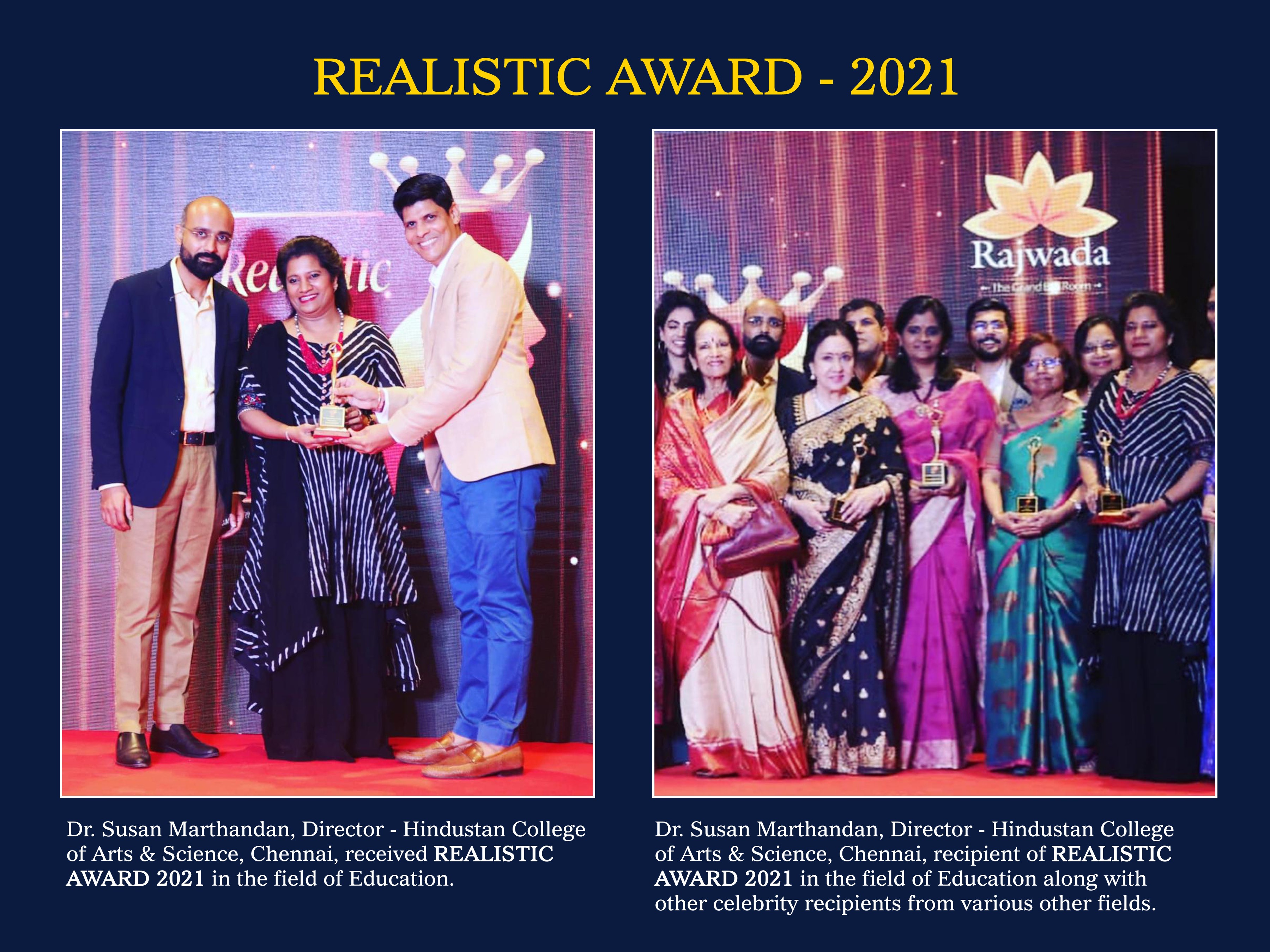 Dr. Susan Marthandan, Director - HCAS, Chennai. received REALISTIC AWARD 2021 in the field of Education.